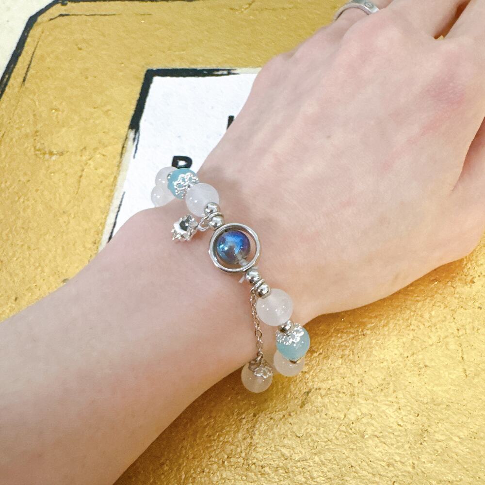 White Beaded Bracelet with Blue Accents & Star Charm, Adjustable